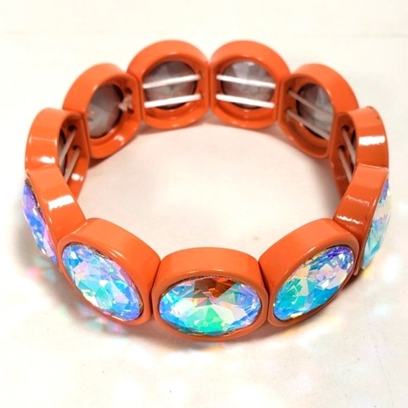 Chunky Iridescent Rhinestone Stretch Salmon Pink bracelet - Bold Women's Jewelry - Picture 5 of 8